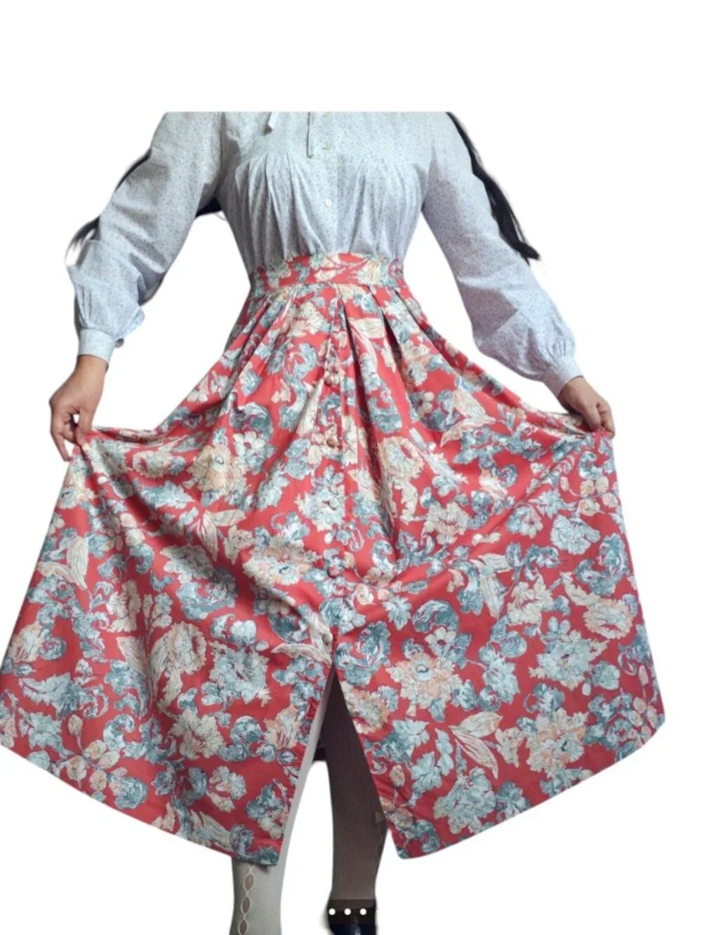 Laura Ashley Vtg Floral Cotton Midi Skirt, Pockets, Coral, 10